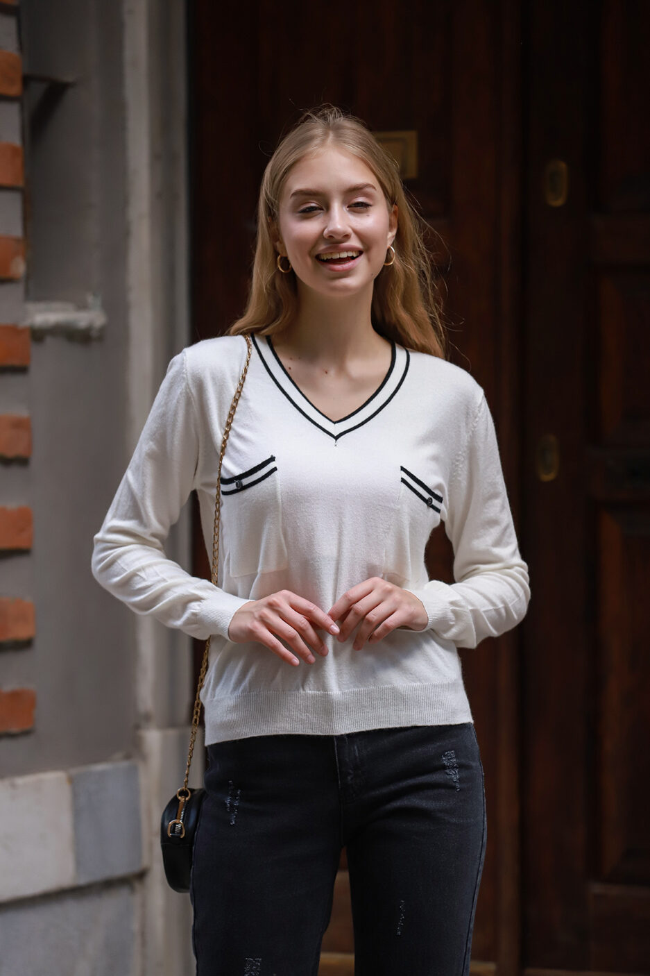 Women's Varsity-Striped Sweatshirt with Pocket